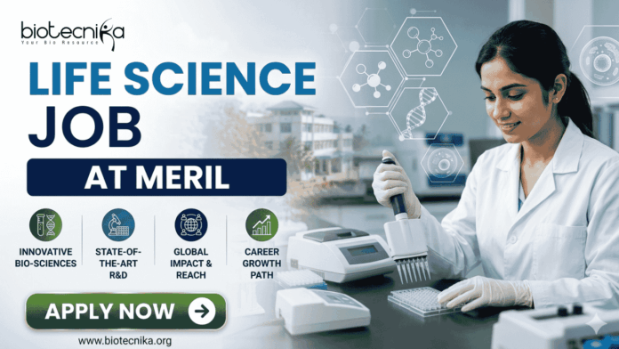 Meril Life Science Job 2026 Research Role in Gujarat for M.Sc & PhD Candidates Meril Life Science Job 2026 Research Role in Gujarat for M.Sc & PhD Candidates. A professional recruitment banner for a "Life Science Job at Meril," featuring the Biotecnika logo at the top left. On the right, a female scientist in a white lab coat is shown working in a bright, modern laboratory, using a multichannel pipette on a microplate. The left side displays the bold headline "LIFE SCIENCE JOB AT MERIL" and four circular icons representing: Innovative Bio-sciences, State-of-the-Art R&D, Global Impact & Reach, and Career Growth Path. The background features floating scientific diagrams and a view of a research campus through a window. A prominent green "Apply Now" button and the website "www.biotecnika.org" are located at the bottom.