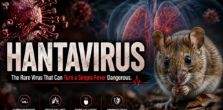 Hantavirus The Rare Virus That Can Turn a Simple Fever Dangerous. Dramatic medical awareness poster about hantavirus, featuring a close-up of a rodent on the right and a stylized red virus illustration on the left. In the background, semi-transparent human lungs are shown, emphasizing respiratory impact. Large bold title reads “HANTAVIRUS,” with a subtitle stating “The Rare Virus That Can Turn a Simple Fever Dangerous.” The design uses dark tones with red highlights to convey urgency and health risk, along with small icons and warning-style information at the bottom about rodent transmission and potential severe lung effects.