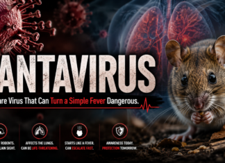 Hantavirus: The Rare Virus That Can Turn a Simple Fever Dangerous Hantavirus The Rare Virus That Can Turn a Simple Fever Dangerous. Dramatic medical awareness poster about hantavirus, featuring a close-up of a rodent on the right and a stylized red virus illustration on the left. In the background, semi-transparent human lungs are shown, emphasizing respiratory impact. Large bold title reads “HANTAVIRUS,” with a subtitle stating “The Rare Virus That Can Turn a Simple Fever Dangerous.” The design uses dark tones with red highlights to convey urgency and health risk, along with small icons and warning-style information at the bottom about rodent transmission and potential severe lung effects.
