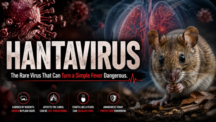 Hantavirus The Rare Virus That Can Turn a Simple Fever Dangerous Hantavirus The Rare Virus That Can Turn a Simple Fever Dangerous. Dramatic medical awareness poster about hantavirus, featuring a close-up of a rodent on the right and a stylized red virus illustration on the left. In the background, semi-transparent human lungs are shown, emphasizing respiratory impact. Large bold title reads “HANTAVIRUS,” with a subtitle stating “The Rare Virus That Can Turn a Simple Fever Dangerous.” The design uses dark tones with red highlights to convey urgency and health risk, along with small icons and warning-style information at the bottom about rodent transmission and potential severe lung effects.