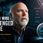 The Man Who Challenged Nature: J. Craig Venter’s Radical Bet on Synthetic Biology J. Craig Venter’s Radical Bet on Synthetic Biology . A cinematic editorial-style image of scientist J. Craig Venter in a modern laboratory, gazing thoughtfully ahead, with glowing DNA strands, genetic data screens, and a synthetic cell illustration surrounding him—symbolizing innovation in synthetic biology and the quest to create life from scratch.