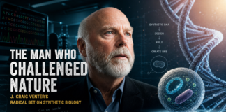 J. Craig Venter’s Radical Bet on Synthetic Biology . A cinematic editorial-style image of scientist J. Craig Venter in a modern laboratory, gazing thoughtfully ahead, with glowing DNA strands, genetic data screens, and a synthetic cell illustration surrounding him—symbolizing innovation in synthetic biology and the quest to create life from scratch.