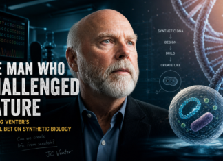 The Man Who Challenged Nature: J. Craig Venter’s Radical Bet on Synthetic Biology J. Craig Venter’s Radical Bet on Synthetic Biology . A cinematic editorial-style image of scientist J. Craig Venter in a modern laboratory, gazing thoughtfully ahead, with glowing DNA strands, genetic data screens, and a synthetic cell illustration surrounding him—symbolizing innovation in synthetic biology and the quest to create life from scratch.