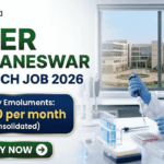NISER Bhubaneswar Research Job 2026 – Life Sciences Graduates Can Apply. A professional recruitment banner for "NISER Bhubaneswar Research Job 2026," featuring the Biotecnika logo at the top left. On the right, a female scientist in a white lab coat and blue gloves is precisely using a pipette on a multi-well plate in a bright, modern laboratory. The left side displays the bold headline "NISER BHUBANESWAR RESEARCH JOB 2026." Below the title, a prominent gold-framed blue box highlights the salary: "Monthly Emoluments: ₹21,000 per month (Consolidated)." The background through the lab window shows a realistic view of the NISER Bhubaneswar campus. A large green "Apply Now" button with a white arrow is positioned at the bottom left.