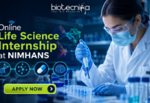 Online Life Science Internship at NIMHANS | Opportunity for UG & PG Students Online Life Science Internship at NIMHANS Opportunity for UG & PG Students “Featured banner for an Online Life Science Internship at NIMHANS, showing a female scientist conducting drug research in a modern biotech laboratory with test tubes, microscope, and digital brain scan displays. The Biotecnika logo is placed at the top, with a glowing ‘Apply Now’ button at the bottom and futuristic blue scientific graphics in the background.”