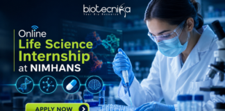Online Life Science Internship at NIMHANS | Opportunity for UG & PG Students Online Life Science Internship at NIMHANS Opportunity for UG & PG Students “Featured banner for an Online Life Science Internship at NIMHANS, showing a female scientist conducting drug research in a modern biotech laboratory with test tubes, microscope, and digital brain scan displays. The Biotecnika logo is placed at the top, with a glowing ‘Apply Now’ button at the bottom and futuristic blue scientific graphics in the background.”