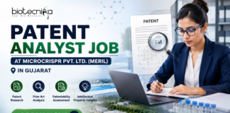 Latest Patent Analyst Job at Microcrispr Pvt. Ltd. (Meril) in Gujarat | Apply Now Patent Analyst Job at Microcrispr Pvt. Ltd. (Meril) in Gujarat Apply. Featured banner for “Patent Analyst Job at Microcrispr Pvt. Ltd. (Meril) in Gujarat” featuring the Biotecnika logo at the top, a professional patent analyst working on a laptop in a modern office setting, patent document and intellectual property-themed graphics, biotechnology research visuals, and a bold “Apply Now” button at the bottom.