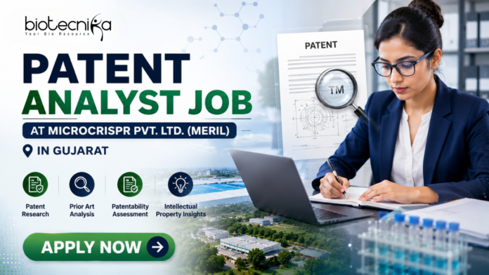 Patent Analyst Job at Microcrispr Pvt. Ltd. (Meril) in Gujarat Apply Patent Analyst Job at Microcrispr Pvt. Ltd. (Meril) in Gujarat Apply. Featured banner for “Patent Analyst Job at Microcrispr Pvt. Ltd. (Meril) in Gujarat” featuring the Biotecnika logo at the top, a professional patent analyst working on a laptop in a modern office setting, patent document and intellectual property-themed graphics, biotechnology research visuals, and a bold “Apply Now” button at the bottom.