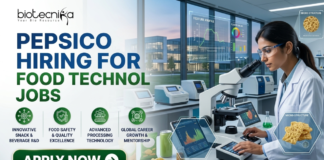 PepsiCo Hiring for Food Technology Jobs 2026 | BSc & BTech Candidates Must Check! PepsiCo Hiring for Food Technology Jobs 2026 BSc & BTech Candidates Must Check! A recruitment banner for biotecnika announcing: 'PEPSICO HIRING FOR FOOD TECHNOLOGY JOBS'. The image features a female scientist in a modern laboratory looking into a microscope, surrounded by snacks like chips and can samples. Floating digital windows show product analysis data including 'TEXTURE PROFILE', 'FLAVOR COLOR', and 'MICRO-STRUCTURE' for snacks. Four circular green icons with descriptive text are listed below the headline: 'INNOVATIVE SNACK & BEVERAGE R&D', 'FOOD SAFETY & QUALITY EXCELLENCE', 'ADVANCED PROCESSING TECHNOLOGY', and 'GLOBAL CAREER GROWTH & MENTORSHIP'. At the bottom left, a prominent green button with a right arrow says 'APPLY NOW'.
