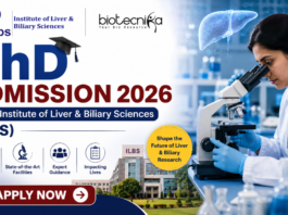 PhD Admission 2026 at the Institute of Liver & Biliary Sciences (ILBS) Applications Invited. Featured banner for “PhD Admission 2026 at the Institute of Liver & Biliary Sciences (ILBS)” featuring the ILBS and Biotecnika logos at the top, a researcher using a microscope in a modern laboratory, liver-themed scientific graphics, ILBS campus imagery, key highlights about research and facilities, and a bold “Apply Now” button at the bottom.