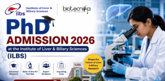 PhD Admission 2026 at the Institute of Liver & Biliary Sciences (ILBS) Applications Invited. Featured banner for “PhD Admission 2026 at the Institute of Liver & Biliary Sciences (ILBS)” featuring the ILBS and Biotecnika logos at the top, a researcher using a microscope in a modern laboratory, liver-themed scientific graphics, ILBS campus imagery, key highlights about research and facilities, and a bold “Apply Now” button at the bottom.