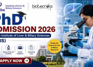 PhD Admission 2026 at the Institute of Liver & Biliary Sciences (ILBS) Applications Invited. Featured banner for “PhD Admission 2026 at the Institute of Liver & Biliary Sciences (ILBS)” featuring the ILBS and Biotecnika logos at the top, a researcher using a microscope in a modern laboratory, liver-themed scientific graphics, ILBS campus imagery, key highlights about research and facilities, and a bold “Apply Now” button at the bottom.