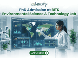 PhD Admission at BITS Environmental Science & Technology Lab – Apply Before The Deadline!. A recruitment graphic for the PhD program in BITS Environmental Science & Technology Lab, presented by Biotecnika. It depicts a female scientist in a white lab coat and safety glasses standing in a modern research laboratory, meticulously interacting with a large, futuristic, interactive holographic display stand. The display frame is titled 'Environmental Sensor Network: AI-Powered Contaminant Modelling' and features a global map with data points, along with multiple detailed windows showing metrics and schematics for 'Air Quality Index', 'Water Purity', 'Soil Health', 'Advanced Water Purification Systems', and 'Bio-Remediation Pathways'. The main text 'PhD Admission at BITS Environmental Science & Technology Lab' is prominent at the top center. Below the display stand is a large, green 'APPLY NOW' button with an arrow. The tagline 'Unlock Innovation in Environmental Technology' is in green text at the bottom. The Biotecnika logo is at the very top center.