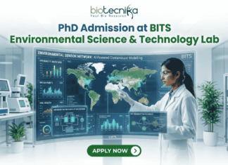 PhD Admission at BITS Environmental Science & Technology Lab – Apply Before The Deadline! PhD Admission at BITS Environmental Science & Technology Lab – Apply Before The Deadline!. A recruitment graphic for the PhD program in BITS Environmental Science & Technology Lab, presented by Biotecnika. It depicts a female scientist in a white lab coat and safety glasses standing in a modern research laboratory, meticulously interacting with a large, futuristic, interactive holographic display stand. The display frame is titled 'Environmental Sensor Network: AI-Powered Contaminant Modelling' and features a global map with data points, along with multiple detailed windows showing metrics and schematics for 'Air Quality Index', 'Water Purity', 'Soil Health', 'Advanced Water Purification Systems', and 'Bio-Remediation Pathways'. The main text 'PhD Admission at BITS Environmental Science & Technology Lab' is prominent at the top center. Below the display stand is a large, green 'APPLY NOW' button with an arrow. The tagline 'Unlock Innovation in Environmental Technology' is in green text at the bottom. The Biotecnika logo is at the very top center.