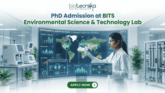 PhD Admission at BITS Environmental Science & Technology Lab – Apply Before The Deadline! PhD Admission at BITS Environmental Science & Technology Lab – Apply Before The Deadline!. A recruitment graphic for the PhD program in BITS Environmental Science & Technology Lab, presented by Biotecnika. It depicts a female scientist in a white lab coat and safety glasses standing in a modern research laboratory, meticulously interacting with a large, futuristic, interactive holographic display stand. The display frame is titled 'Environmental Sensor Network: AI-Powered Contaminant Modelling' and features a global map with data points, along with multiple detailed windows showing metrics and schematics for 'Air Quality Index', 'Water Purity', 'Soil Health', 'Advanced Water Purification Systems', and 'Bio-Remediation Pathways'. The main text 'PhD Admission at BITS Environmental Science & Technology Lab' is prominent at the top center. Below the display stand is a large, green 'APPLY NOW' button with an arrow. The tagline 'Unlock Innovation in Environmental Technology' is in green text at the bottom. The Biotecnika logo is at the very top center.
