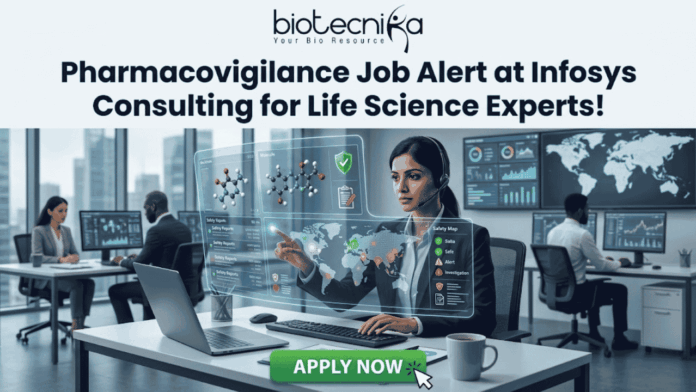 Pharmacovigilance Job Alert at Infosys Consulting for Life Science Experts! Pharmacovigilance Job Alert at Infosys Consulting for Life Science Experts! A job advertisement graphic with text at the top that reads: "biotecnika" and "Your Bio Resource" with a stylized icon, followed by the headline, "Pharmacovigilance Job Alert at Infosys Consulting for Life Science Experts!". The central image shows a woman of South Asian descent wearing a headset, seated at a desk with a laptop in a modern office setting. She is looking at and reaching toward a futuristic, transparent data display interface with molecular structures, a world map, data charts, and labels like "Safety Reports," "Product Reports," and a "Safety Map" legend indicating colored zones for alert, warning, and safety. Other employees are working at desks in the background of a glass-walled high-rise office. At the bottom center, there is a large green button with white text that reads "APPLY NOW", and a hand cursor is clicking it.