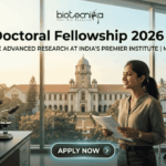 Post-Doctoral Fellowship At IISc Bengaluru Earn ₹2 Lakh Grant. An attractive and realistic featured image for a job page from biotecnika. At the top, the biotecnika logo is centered. Large, bold centered text below reads, "Post-Doctoral Fellowship 2026 at IISc," with a smaller sub-headline that says, "EXPLORE ADVANCED RESEARCH AT INDIA'S PREMIER INSTITUTE | MAY 2026." The image features a female Indian researcher smiling in a modern laboratory, holding documents. Various lab equipment like microscopes and other scientists in the background are visible. Through the large windows, a recognizable, grand academic building and trees are visible, implying the IISc campus under a warm, golden light. At the bottom center, a rounded button reads "APPLY NOW >." The image is relatable, attention-grabbing, and unique.