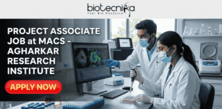 Project Associate job at MACS – Agharkar Research Institute | Life Science Career Opportunity! Project Associate Job at MACS - Agharkar Research Institute. A detailed job advertisement graphic for a Project Associate position at MACS - Agharkar Research Institute in Pune, India, from Biotecnika, 'Your Bio Resource'. The left side displays bold text. On the right, a photograph shows two masked scientists in a modern laboratory, one pointing to a screen with colorful cellular images and the other using a pipette. A teal button at the bottom reads 'Apply Now'.