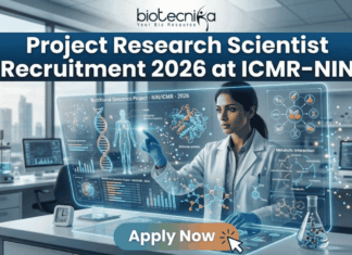 Project Research Scientist Recruitment 2026 at ICMR-NIN | Earn Upto Rs. 56,000/- Project Research Scientist Recruitment 2026 at ICMR-NIN. A professional and high-tech featured image for the Project Research Scientist Recruitment 2026 at ICMR-NIN. The image depicts a female scientist in a white lab coat interacting with a glowing, transparent digital interface that displays complex nutritional genomics data, 3D DNA structures, and metabolic charts. The background shows a modern, sunlit laboratory with a city skyline visible through the window. The Biotecnika logo is featured at the top center, and a prominent teal "Apply Now" button is positioned at the bottom.