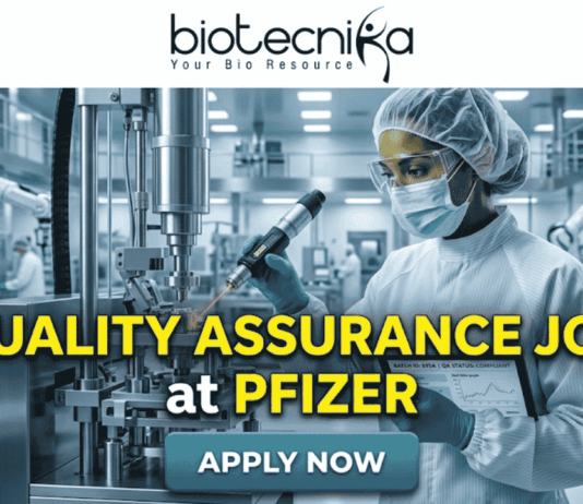 Quality Assurance Job at Pfizer | BSc & MSc Biotech Candidates Apply Now Quality Assurance Job at Pfizer BSc & MSc Biotech Candidates Apply Now. A promotional job banner with the Biotecnika logo at the top. Large yellow and white text reads: 'QUALITY ASSURANCE JOB at PFIZER'. The background is a photograph of a person in a full cleanroom suit and goggles, scanning equipment in a state-of-the-art pharmaceutical manufacturing lab. A turquoise 'APPLY NOW' button is at the bottom.