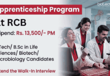 RCB Recruitment announced Apprenticeship Programs for Life Science Career Aspirants with Rs.13,500 Stipend PM. Attend the Walk-in Interview.