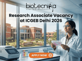 Research Associate Vacancy at ICGEB Delhi 2026 PhD Candidates Apply Now. A promotional banner image for a job opening. The top center features the text logo "biotecnika - Your Bio Resource." Below it, a large headline reads "Research Associate Vacancy at ICGEB Delhi 2026." On the right, a female scientist in a white lab coat and glasses holds a well plate with colored samples, looking up at it. The setting is a modern biotechnology lab. On the counter on the left, there is lab equipment, including a piece labeled "ICGEB DELHI." Through a large window in the background, a red-brick university campus is visible, with a sign reading "ICGEB Delhi." An orange-red call-to-action button at the bottom center says "APPLY NOW" with a right arrow icon.