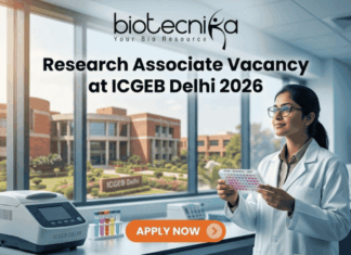 Research Associate Vacancy at ICGEB Delhi 2026 PhD Candidates Apply Now. A promotional banner image for a job opening. The top center features the text logo "biotecnika - Your Bio Resource." Below it, a large headline reads "Research Associate Vacancy at ICGEB Delhi 2026." On the right, a female scientist in a white lab coat and glasses holds a well plate with colored samples, looking up at it. The setting is a modern biotechnology lab. On the counter on the left, there is lab equipment, including a piece labeled "ICGEB DELHI." Through a large window in the background, a red-brick university campus is visible, with a sign reading "ICGEB Delhi." An orange-red call-to-action button at the bottom center says "APPLY NOW" with a right arrow icon.