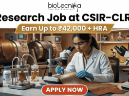 Research Job at CSIR-CLRI | Earn Up to ₹42,000 + HRA | Apply Before Deadline Research Job at CSIR-CLRI Earn Up to ₹42,000 + HRA. A promotional banner advertisement from Biotecnika, titled "Research Job at CSIR-CLRI", featuring a prominent gold banner with text that reads: "Earn Up to ₹42,000 + HRA". The main image shows a female scientist in a lab coat, safety glasses, and blue gloves, using a stereo microscope to analyze a textured material sample (likely a leather sample, given CLRI's focus). She is at a laboratory bench equipped with other microscopes, glass apparatus with samples, chemical bottles, and a computer monitor showing data. In the background are larger industrial lab machines. The Biotecnika "Your Bio Resource" logo is at the top center. At the bottom, a red button with white text reads: "APPLY NOW".