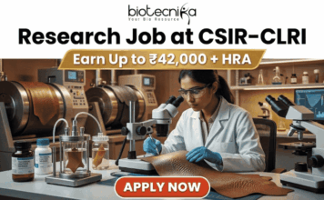 Research Job at CSIR-CLRI | Earn Up to ₹42,000 + HRA | Apply Before Deadline Research Job at CSIR-CLRI Earn Up to ₹42,000 + HRA. A promotional banner advertisement from Biotecnika, titled "Research Job at CSIR-CLRI", featuring a prominent gold banner with text that reads: "Earn Up to ₹42,000 + HRA". The main image shows a female scientist in a lab coat, safety glasses, and blue gloves, using a stereo microscope to analyze a textured material sample (likely a leather sample, given CLRI's focus). She is at a laboratory bench equipped with other microscopes, glass apparatus with samples, chemical bottles, and a computer monitor showing data. In the background are larger industrial lab machines. The Biotecnika "Your Bio Resource" logo is at the top center. At the bottom, a red button with white text reads: "APPLY NOW".