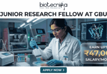 Research Jobs Alert: Gujarat Biotechnology University JRF Recruitment 2026 – Earn ₹47,000/Month Research Job at Gujarat Biotechnology University with ₹47,000 Pay. A job advertisement banner featuring the Biotecnika logo and the headline 'JUNIOR RESEARCH FELLOW AT GBU'. The visual depicts a female scientist in a modern lab using a multi-channel pipette, surrounded by scientific equipment and a computer monitor showing a molecular structure. A prominent side panel highlights the salary as 'EARN UPTO ₹47,000 SALARY/MONTH'. At the bottom, a teal button says 'APPLY NOW >'.