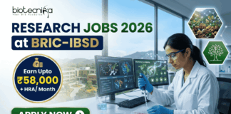 Research Jobs at BRIC-IBSD | Walk-In Interview for Life Science Candidates Research Jobs at BRIC-IBSD Walk-In Interview for Life Science Candidates. A professional recruitment banner for biotecnika advertising "Research Jobs 2026 at BRIC-IBSD." The top left features the biotecnika logo, and the headline text is prominent in blue and green. A circular blue callout on the left highlights the compensation: "Earn Upto ₹58,000 + HRA/ Month." On the right, a focused female scientist of professional and realistic appearance, wearing a white lab coat and safety glasses, is seated at a modern lab desk, using a pipette to fill a microplate. In the background, computer monitors display complex data including molecular structures and "Bioresource mapping" on a world map. Through a large window, a scenic modern building, perhaps the BRIC-IBSD institute, is visible in a lush environment. Two hexagonal icons on the far right show a network diagram over fresh produce and a sustainability tree icon. A prominent green "APPLY NOW" button with an arrow is at the bottom left.