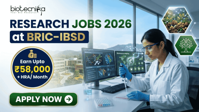 Research Jobs at BRIC-IBSD Walk-In Interview for Life Science Candidates Research Jobs at BRIC-IBSD Walk-In Interview for Life Science Candidates. A professional recruitment banner for biotecnika advertising "Research Jobs 2026 at BRIC-IBSD." The top left features the biotecnika logo, and the headline text is prominent in blue and green. A circular blue callout on the left highlights the compensation: "Earn Upto ₹58,000 + HRA/ Month." On the right, a focused female scientist of professional and realistic appearance, wearing a white lab coat and safety glasses, is seated at a modern lab desk, using a pipette to fill a microplate. In the background, computer monitors display complex data including molecular structures and "Bioresource mapping" on a world map. Through a large window, a scenic modern building, perhaps the BRIC-IBSD institute, is visible in a lush environment. Two hexagonal icons on the far right show a network diagram over fresh produce and a sustainability tree icon. A prominent green "APPLY NOW" button with an arrow is at the bottom left.