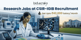 Research Jobs at CSIR-IGIB Recruitment Get Upto ₹42,000 Salary Month. A promotional banner for research jobs at CSIR-IGIB. At the top, the Biotecnika logo and the headline "Research Jobs at CSIR-IGIB Recruitment" are shown. Below, the salary details "Get Upto ₹42,000 Salary/ Month" are highlighted. The central image shows a female scientist in a lab working with a pipette, next to a monitor displaying a 3D molecular protein structure. Through a window, a modern CSIR-IGIB campus building is visible. A green "Apply Now" button is at the bottom.