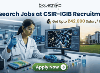 Exciting Research Jobs at CSIR-IGIB | Get Upto ₹42,000 Salary/ Month Research Jobs at CSIR-IGIB Recruitment Get Upto ₹42,000 Salary Month. A promotional banner for research jobs at CSIR-IGIB. At the top, the Biotecnika logo and the headline "Research Jobs at CSIR-IGIB Recruitment" are shown. Below, the salary details "Get Upto ₹42,000 Salary/ Month" are highlighted. The central image shows a female scientist in a lab working with a pipette, next to a monitor displaying a 3D molecular protein structure. Through a window, a modern CSIR-IGIB campus building is visible. A green "Apply Now" button is at the bottom.