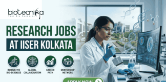 Top Research Jobs for MSc Life Science Candidates in India at IISER Kolkata Research Jobs at IISER Kolkata. A professional recruitment banner for "Research Jobs at IISER Kolkata," featuring the Biotecnika logo at the top left. On the right, a female scientist wearing safety glasses and blue gloves is using a multichannel pipette at a lab bench. Next to her is a curved monitor displaying advanced data and molecular visualizations, with a 3D DNA helix floating in the foreground. The left side features the bold headline "RESEARCH JOBS AT IISER KOLKATA" and four circular icons highlighting: Innovative Bio-sciences, Global Collaboration, Career Path, and Mentorship Network. The background through a large window provides a realistic view of the IISER Kolkata campus buildings. A prominent green "Apply Now" button and the website "biotecnika.org" are located at the bottom.