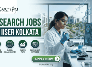 Top Research Jobs for MSc Life Science Candidates in India at IISER Kolkata Research Jobs at IISER Kolkata. A professional recruitment banner for "Research Jobs at IISER Kolkata," featuring the Biotecnika logo at the top left. On the right, a female scientist wearing safety glasses and blue gloves is using a multichannel pipette at a lab bench. Next to her is a curved monitor displaying advanced data and molecular visualizations, with a 3D DNA helix floating in the foreground. The left side features the bold headline "RESEARCH JOBS AT IISER KOLKATA" and four circular icons highlighting: Innovative Bio-sciences, Global Collaboration, Career Path, and Mentorship Network. The background through a large window provides a realistic view of the IISER Kolkata campus buildings. A prominent green "Apply Now" button and the website "biotecnika.org" are located at the bottom.