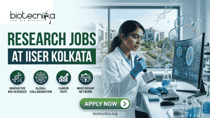 Research Jobs at IISER Kolkata Research Jobs at IISER Kolkata. A professional recruitment banner for "Research Jobs at IISER Kolkata," featuring the Biotecnika logo at the top left. On the right, a female scientist wearing safety glasses and blue gloves is using a multichannel pipette at a lab bench. Next to her is a curved monitor displaying advanced data and molecular visualizations, with a 3D DNA helix floating in the foreground. The left side features the bold headline "RESEARCH JOBS AT IISER KOLKATA" and four circular icons highlighting: Innovative Bio-sciences, Global Collaboration, Career Path, and Mentorship Network. The background through a large window provides a realistic view of the IISER Kolkata campus buildings. A prominent green "Apply Now" button and the website "biotecnika.org" are located at the bottom.