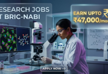₹47,000 Salary Biotechnology Vacancy at BRIC-NABI – Research Jobs for Life Science Graduates! Research Jobs at NABI Recruitment 2026 – Apply Now. An advertisement image featuring text on the left, "RESEARCH JOBS AT BRIC-NABI", and a highlighted box on the right stating "EARN UPTO ₹47,000/month". The visual depicts a female researcher in a white lab coat looking into a microscope, with surrounding screens displaying molecular models and fluorescent cell cultures, and a whiteboard with drug screening protocols.