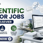 Scientific Editor Jobs at Elsevier | PhD Candidates Apply Now! A professional featured image for "Scientific Editor Jobs at Elsevier" featuring the Biotecnika logo at the top left. On the right, a woman in a grey business blazer is seated at a desk, focused on a computer screen showing an edited research manuscript. The left side displays the bold headline "SCIENTIFIC EDITOR JOBS AT ELSEVIER" along with three icons representing research evaluation, scientific communication, and shaping the academic future. The background includes floating scientific diagrams and a scenic coastal building view, with a prominent "Apply Now" button at the bottom.