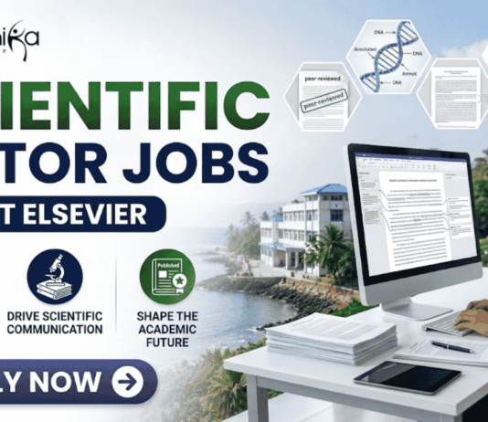 Scientific Editor Jobs at Elsevier | PhD Candidates Apply Now! Scientific Editor Jobs at Elsevier | PhD Candidates Apply Now! A professional featured image for "Scientific Editor Jobs at Elsevier" featuring the Biotecnika logo at the top left. On the right, a woman in a grey business blazer is seated at a desk, focused on a computer screen showing an edited research manuscript. The left side displays the bold headline "SCIENTIFIC EDITOR JOBS AT ELSEVIER" along with three icons representing research evaluation, scientific communication, and shaping the academic future. The background includes floating scientific diagrams and a scenic coastal building view, with a prominent "Apply Now" button at the bottom.