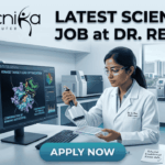 Scientist Job at Dr. Reddy’s MSc Food Science Job. A detailed job advertisement image for a scientist position. At the top-left is the biotecnika logo 'biotecnika Your Bio Resource'. Large headline text to the top-right reads: 'LATEST SCIENTIST JOB at DR. REDDY'S'. The central scene features a focused female scientist, 'Dr. A. Rao, R&D Lead', in a modern, high-tech pharmaceutical research laboratory. She is working at a computer station, using a multi-channel pipette on a multi-well plate. Her monitor displays complex 3D molecular visualizations of protein structures, with text labels like 'KINASE TARGET LEAD OPTIMIZATION' and 'CONFIRMATION OF BINDING SUCCESSFUL'. The extensive lab background shows automated equipment, analytical tools, and a view of a modern city from a window. A coffee mug and a sticky note reading 'Potential breakthrough kinase data' are on the desk. A prominent blue 'APPLY NOW' button is at the bottom center.