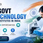 Top Govt Biotechnology Research Institutes in India for Jobs & PhD Opportunities. Featured image banner for an article on top government biotechnology research institutes in India, featuring a female scientist using a microscope in a modern laboratory, Biotecnika logo, Indian flag background, DNA graphics, and bold text highlighting jobs and PhD opportunities in biotechnology careers.