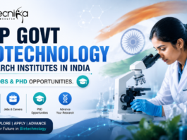 Top Govt Biotechnology Research Institutes in India for Jobs & PhD Opportunities. Featured image banner for an article on top government biotechnology research institutes in India, featuring a female scientist using a microscope in a modern laboratory, Biotecnika logo, Indian flag background, DNA graphics, and bold text highlighting jobs and PhD opportunities in biotechnology careers.