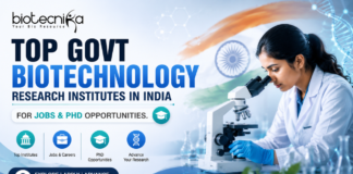 Top Govt Biotechnology Research Institutes in India for Jobs & PhD Opportunities. Featured image banner for an article on top government biotechnology research institutes in India, featuring a female scientist using a microscope in a modern laboratory, Biotecnika logo, Indian flag background, DNA graphics, and bold text highlighting jobs and PhD opportunities in biotechnology careers.