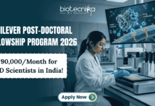 Unilever Post-Doctoral Fellowship Program 2026 | ₹90,000/Month for PhD Scientists in India! Unilever Post-Doctoral Fellowship Program 2026 ₹90,000Month for PhD Scientists in India!. "A corporate-style promotional banner for the Unilever Post-Doctoral Fellowship Program 2026, highlighting a monthly fellowship of ₹90,000 for PhD scientists in India. The image features a female researcher in a modern laboratory working with advanced drug research equipment and molecular modeling software displayed on a large screen. The Biotecnika logo is at the top center, and a prominent 'Apply Now' button is positioned at the bottom."