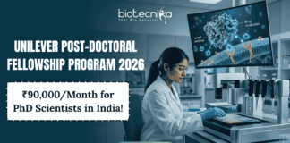Unilever Post-Doctoral Fellowship Program 2026 | ₹90,000/Month for PhD Scientists in India! Unilever Post-Doctoral Fellowship Program 2026 ₹90,000Month for PhD Scientists in India!. "A corporate-style promotional banner for the Unilever Post-Doctoral Fellowship Program 2026, highlighting a monthly fellowship of ₹90,000 for PhD scientists in India. The image features a female researcher in a modern laboratory working with advanced drug research equipment and molecular modeling software displayed on a large screen. The Biotecnika logo is at the top center, and a prominent 'Apply Now' button is positioned at the bottom."