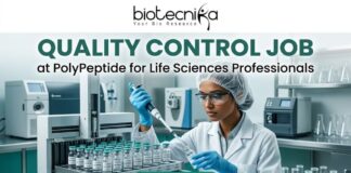 Urgent Hiring! Quality Control Job at PolyPeptide for Life Sciences Professionals! Urgent Hiring! Quality Control Job at PolyPeptide for Life Sciences Professionals! A promotional banner for a "Quality Control Job" at PolyPeptide, presented by biotecnika, "Your Bio Resource". The banner features a large, central text headline "QUALITY CONTROL JOB", with smaller text below it "at PolyPeptide for Life Sciences Professionals". The main visual element shows a scientist, wearing a white lab coat, hairnet, safety glasses, and blue gloves, carefully using a pipette to transfer a sample into a grid of small glass vials on an automated machine in a modern, clean laboratory setting. Various other pieces of lab equipment, including machines and beakers, are visible in the background. A prominent teal button at the bottom center has an arrow and the text "APPLY NOW >". The biotecnika logo, with a stylized human figure, is positioned at the top center.