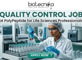 Urgent Hiring! Quality Control Job at PolyPeptide for Life Sciences Professionals! Urgent Hiring! Quality Control Job at PolyPeptide for Life Sciences Professionals! A promotional banner for a "Quality Control Job" at PolyPeptide, presented by biotecnika, "Your Bio Resource". The banner features a large, central text headline "QUALITY CONTROL JOB", with smaller text below it "at PolyPeptide for Life Sciences Professionals". The main visual element shows a scientist, wearing a white lab coat, hairnet, safety glasses, and blue gloves, carefully using a pipette to transfer a sample into a grid of small glass vials on an automated machine in a modern, clean laboratory setting. Various other pieces of lab equipment, including machines and beakers, are visible in the background. A prominent teal button at the bottom center has an arrow and the text "APPLY NOW >". The biotecnika logo, with a stylized human figure, is positioned at the top center.
