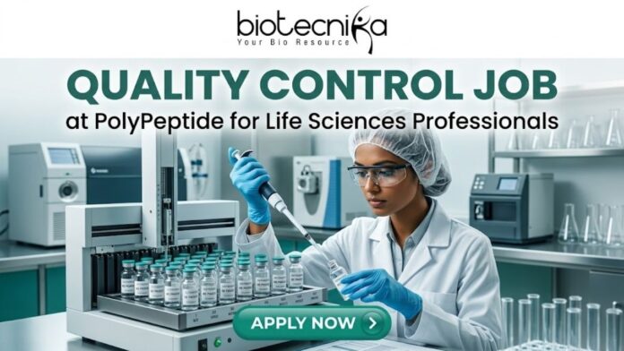 Urgent Hiring! Quality Control Job at PolyPeptide for Life Sciences Professionals! Urgent Hiring! Quality Control Job at PolyPeptide for Life Sciences Professionals! A promotional banner for a "Quality Control Job" at PolyPeptide, presented by biotecnika, "Your Bio Resource". The banner features a large, central text headline "QUALITY CONTROL JOB", with smaller text below it "at PolyPeptide for Life Sciences Professionals". The main visual element shows a scientist, wearing a white lab coat, hairnet, safety glasses, and blue gloves, carefully using a pipette to transfer a sample into a grid of small glass vials on an automated machine in a modern, clean laboratory setting. Various other pieces of lab equipment, including machines and beakers, are visible in the background. A prominent teal button at the bottom center has an arrow and the text "APPLY NOW >". The biotecnika logo, with a stylized human figure, is positioned at the top center.