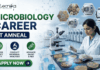 Amneal Microbiology Job 2026 – M.Sc Microbiology Candidates Can Apply Now Amneal Microbiology Job 2026 – M.Sc Microbiology Candidates Can Apply Now. A professional promotional banner for a "Microbiology Career at Amneal," featuring the Biotecnika logo at the top left. On the right, a female scientist in a white lab coat is working in a high-tech microbiology laboratory, examining colorful petri dishes with an inoculation loop. The left side features the bold headline "MICROBIOLOGY CAREER AT AMNEAL" and three icons representing: Monitor Product Safety, Conduct Microbial Analyses, and Advance QA/QC & R&D. The background includes hexagonal floating graphics showing various bacterial cultures and laboratory autoclaves. A prominent green "Apply Now" button with a white arrow is located at the bottom left.